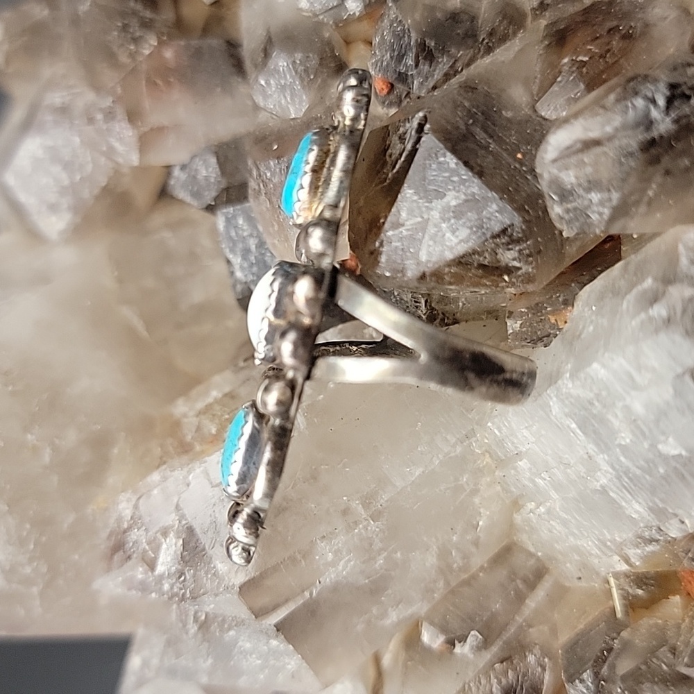 Vintage Navajo Sterling Silver Turquoise Mother Of Pearl 3-Stone Statement Ring - Picture 4 of 12